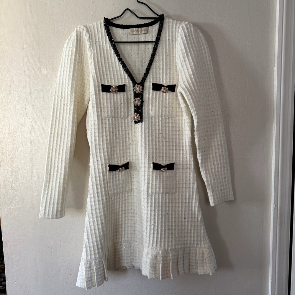 Sierra Darien Ivory Knit Dress Textured Mini Sweater Dress Women’s Size Medium - Picture 11 of 11